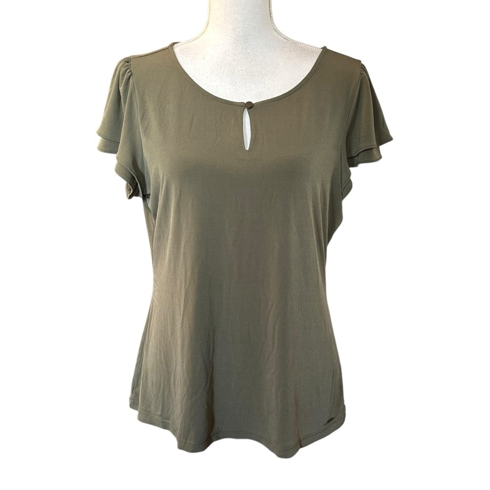 Calvin Klein Short‎ Ruffle Sleeve Solid Top Women’s SZ Large Olive Green NEW